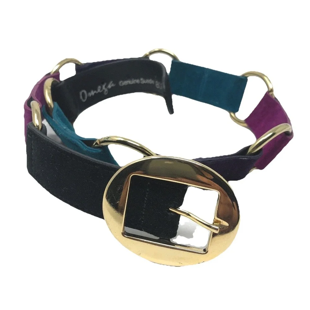 Omega Genuine Suede Leather Fashion Belt Womens Small Purple Blue Gold Retro
